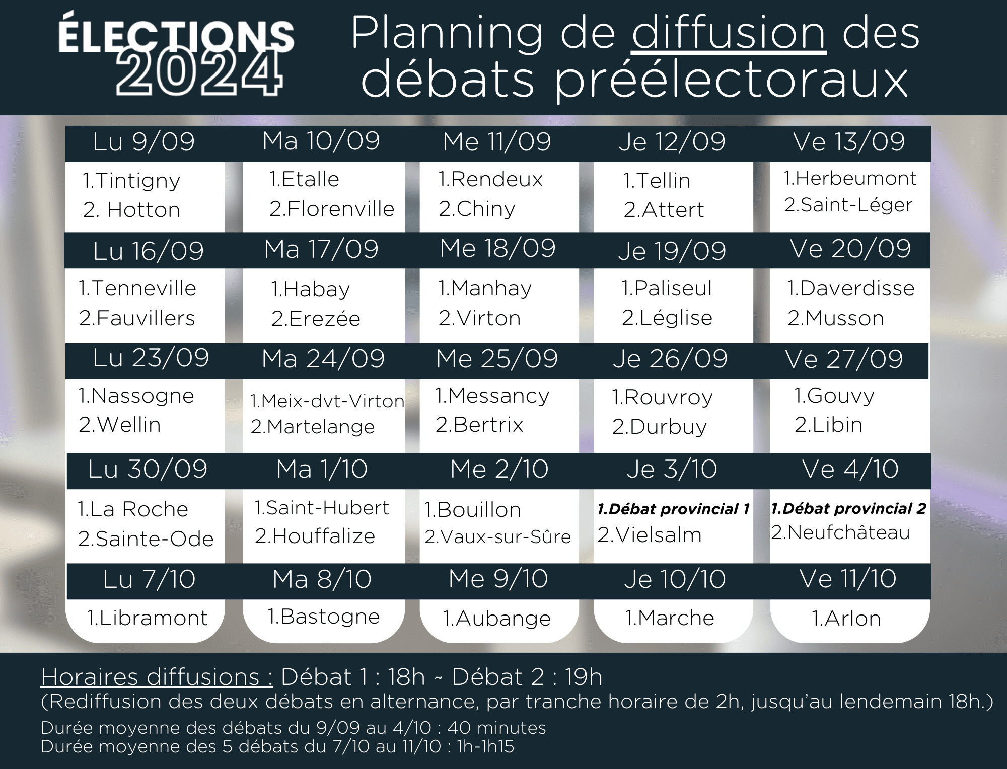 Planning de la diffusion des débats communaux 2024